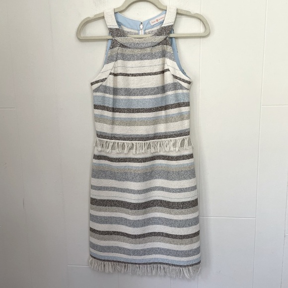 Tory Burch Sleeveless Tweed Dress Cream Grey Striped Fringe Trim ~ Size 2 - Picture 1 of 15